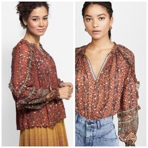 Ulla Johnson Calista Blouse Top Brick Floral Silk Long Sleeve 4 Small Red Brown